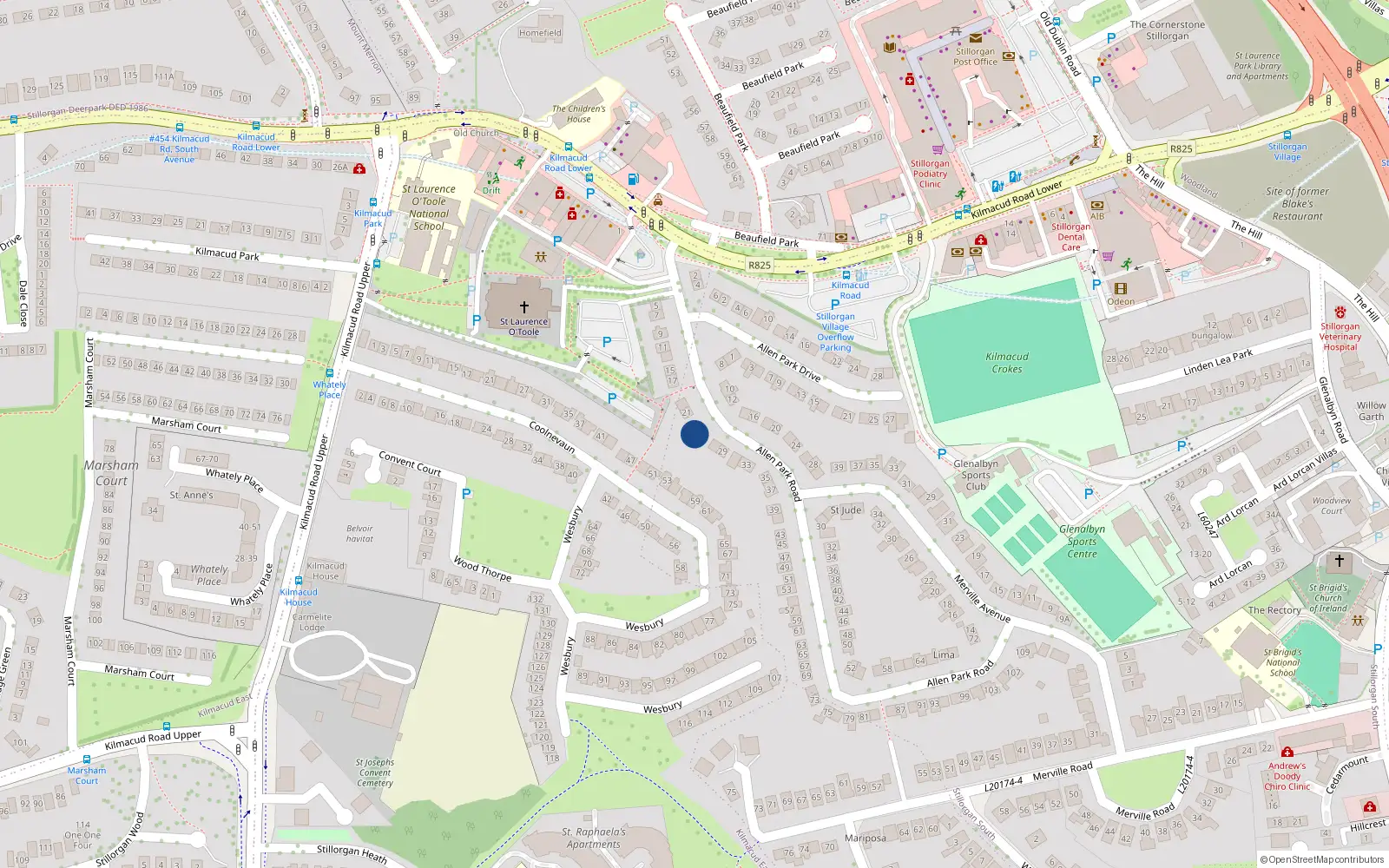 Overhead map showing the location of 23 Allen Park Road, Stillorgan, Dublin