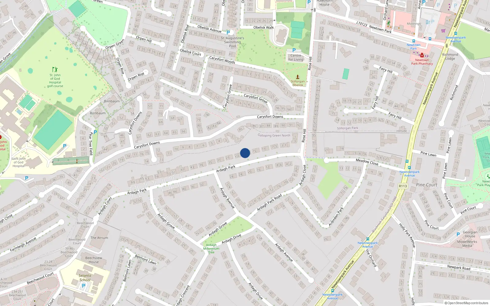 Overhead map showing the location of 23 Ardagh Park, Blackrock