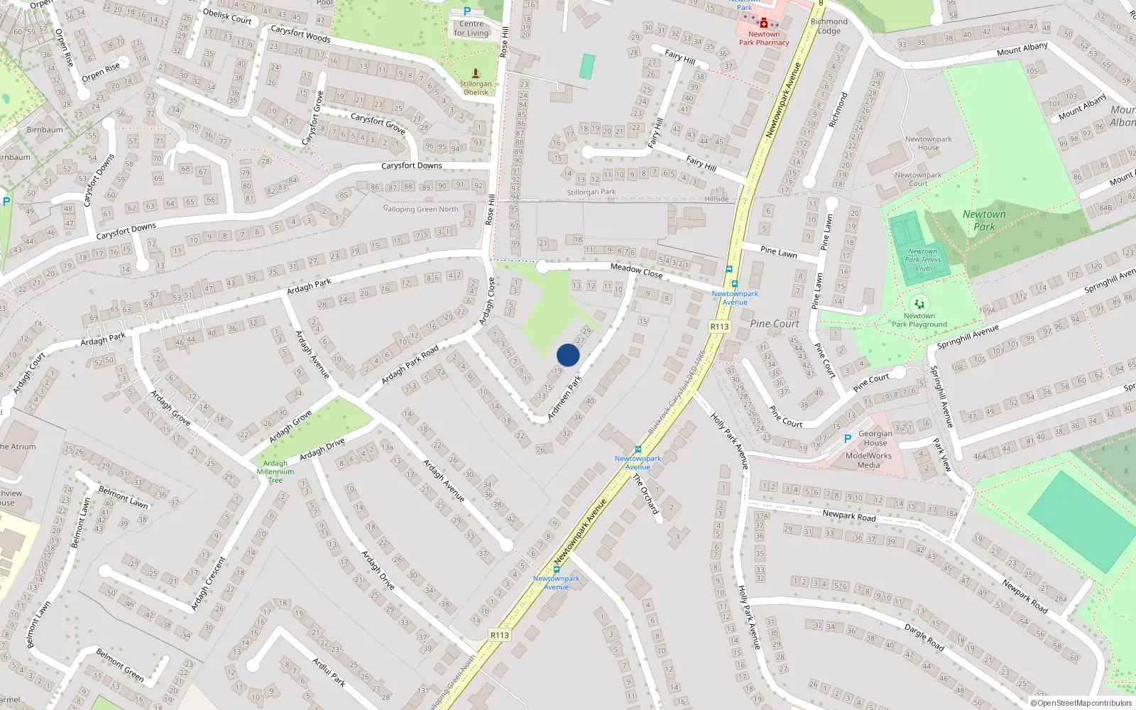 Overhead map showing the location of 23 Ardmeen Park, Blackrock
