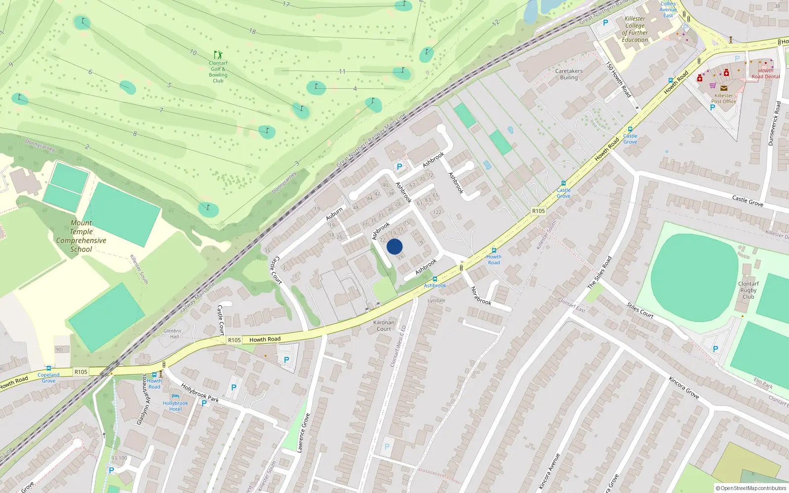 Overhead map showing the location of 23 Ashbrook, Howth Road, Clontarf Dublin 3