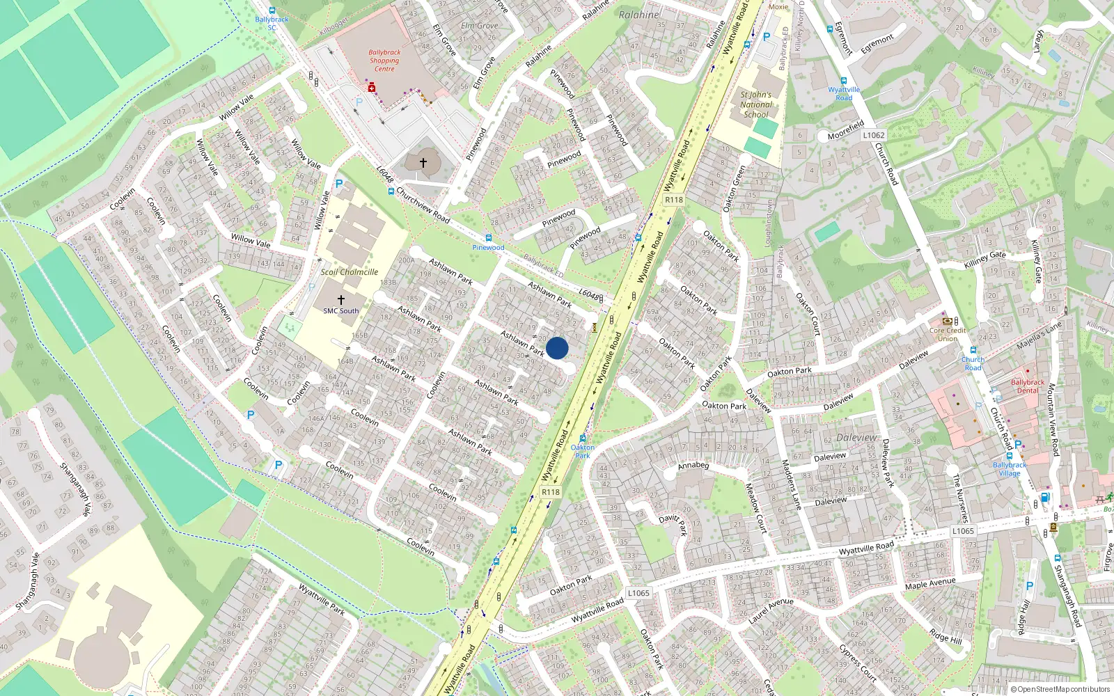 Overhead map showing the location of 23 Ashlawn Park, Dublin
