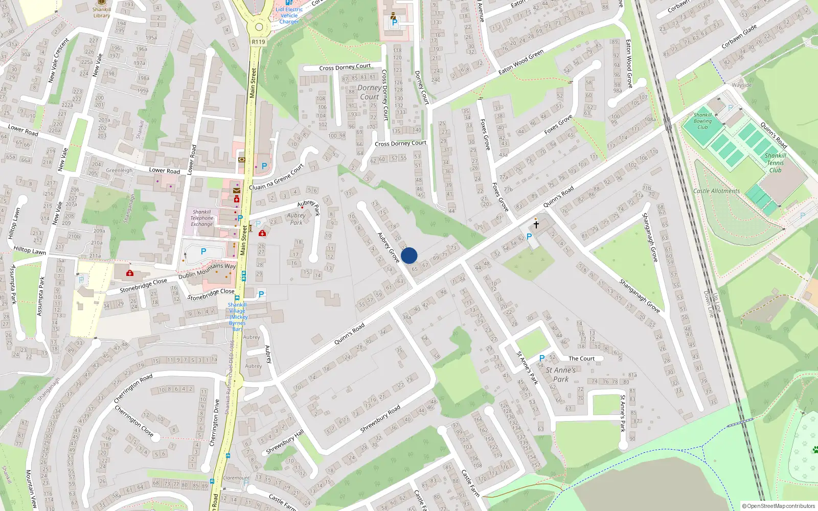 Overhead map showing the location of 23 Aubrey Grove, Shankill