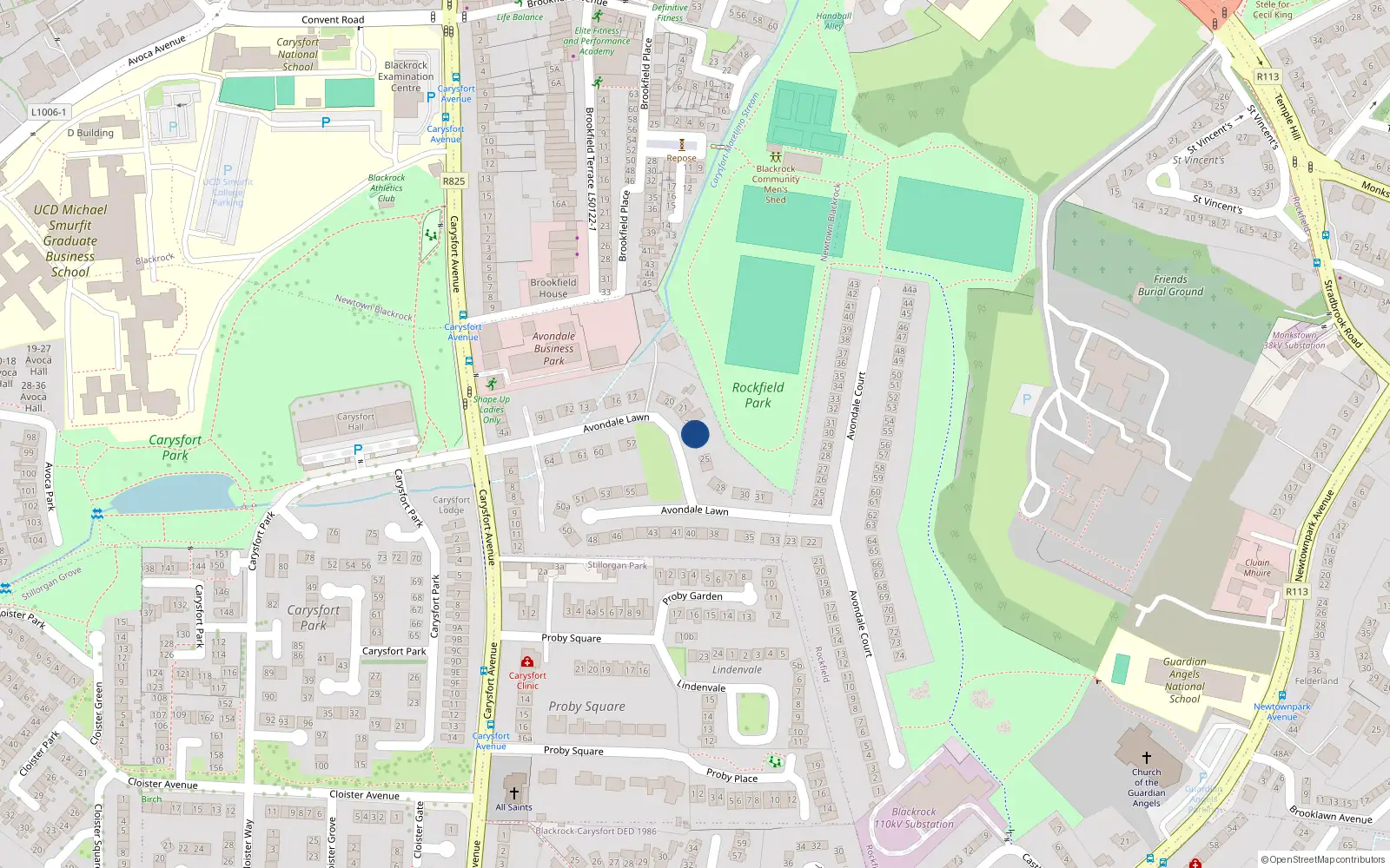 Overhead map showing the location of 23 Avondale Lawn, Blackrock, Dublin