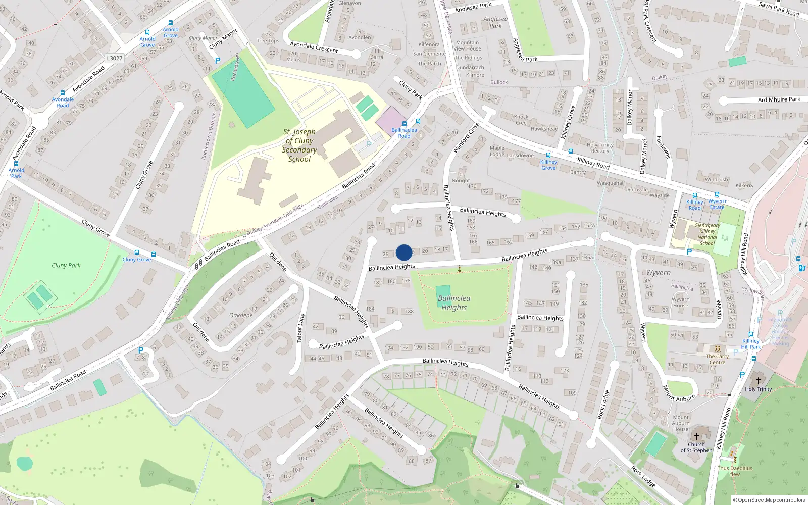 Overhead map showing the location of 23 Ballinclea Heights, Killiney