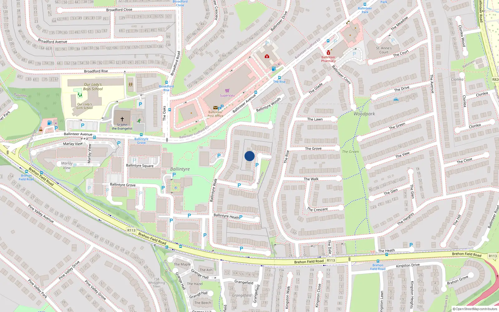 Overhead map showing the location of 23 Ballintyre Downs, Dublin 16