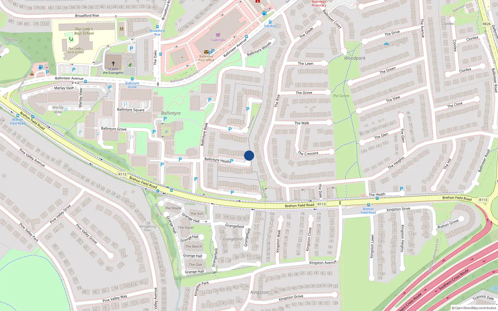 Overhead map showing the location of 23 Ballintyre Heath, Dublin 16