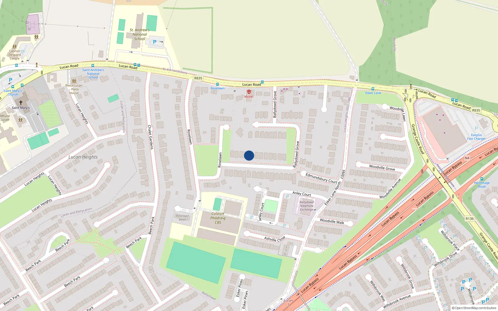Overhead map showing the location of 23 Ballydowd Grove, Lucan, Dublin
