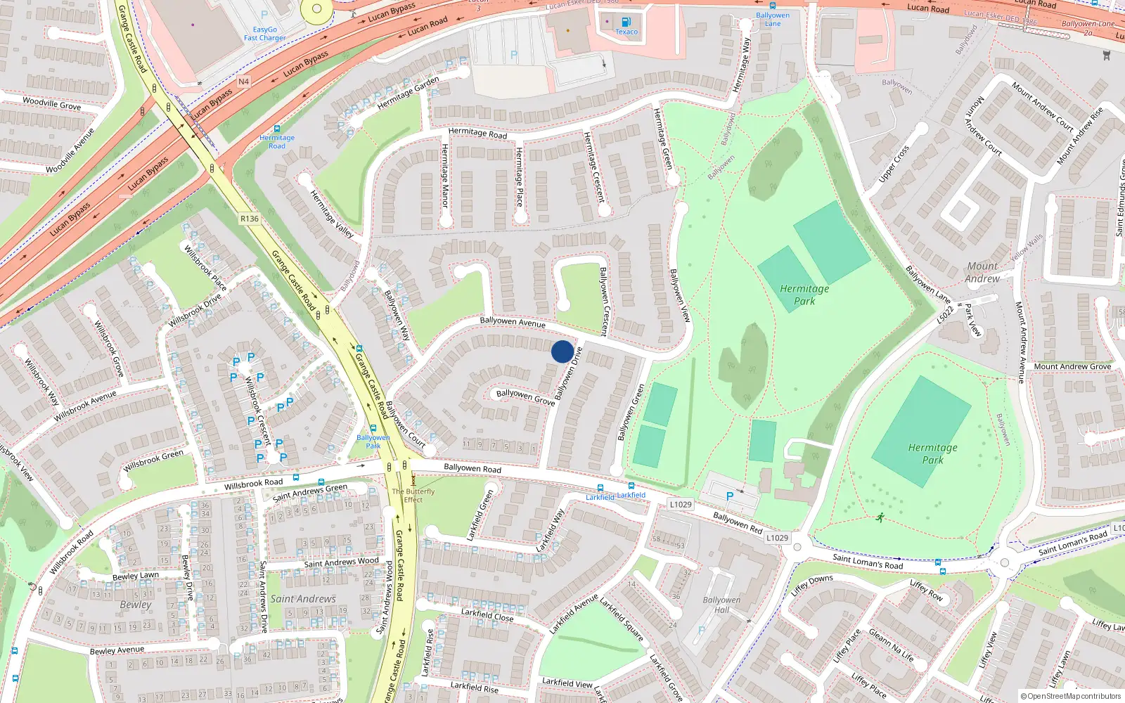 Overhead map showing the location of 23 Ballyowen Avenue, Lucan, Dublin