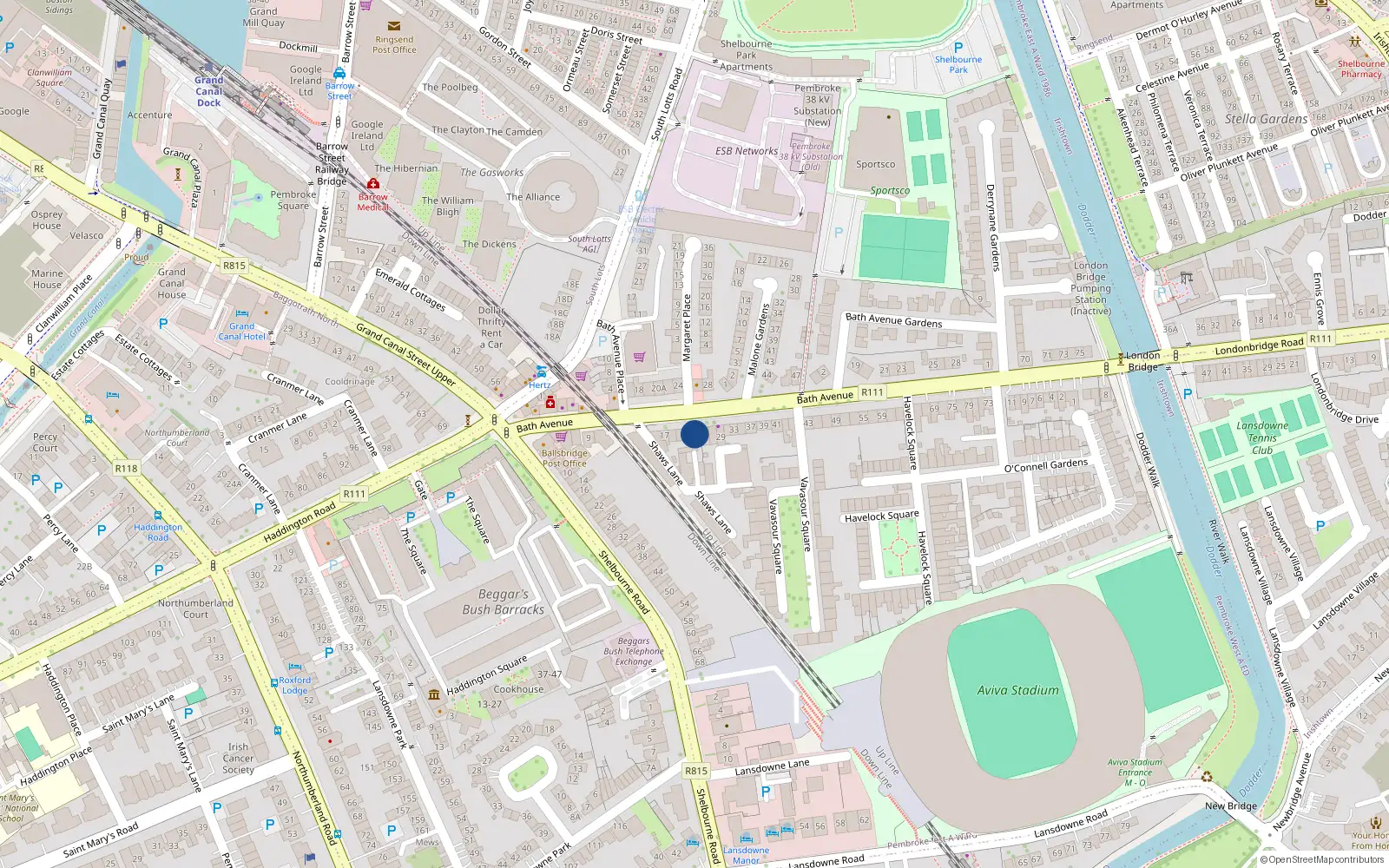Overhead map showing the location of 23 Bath Avenue, Dublin 4