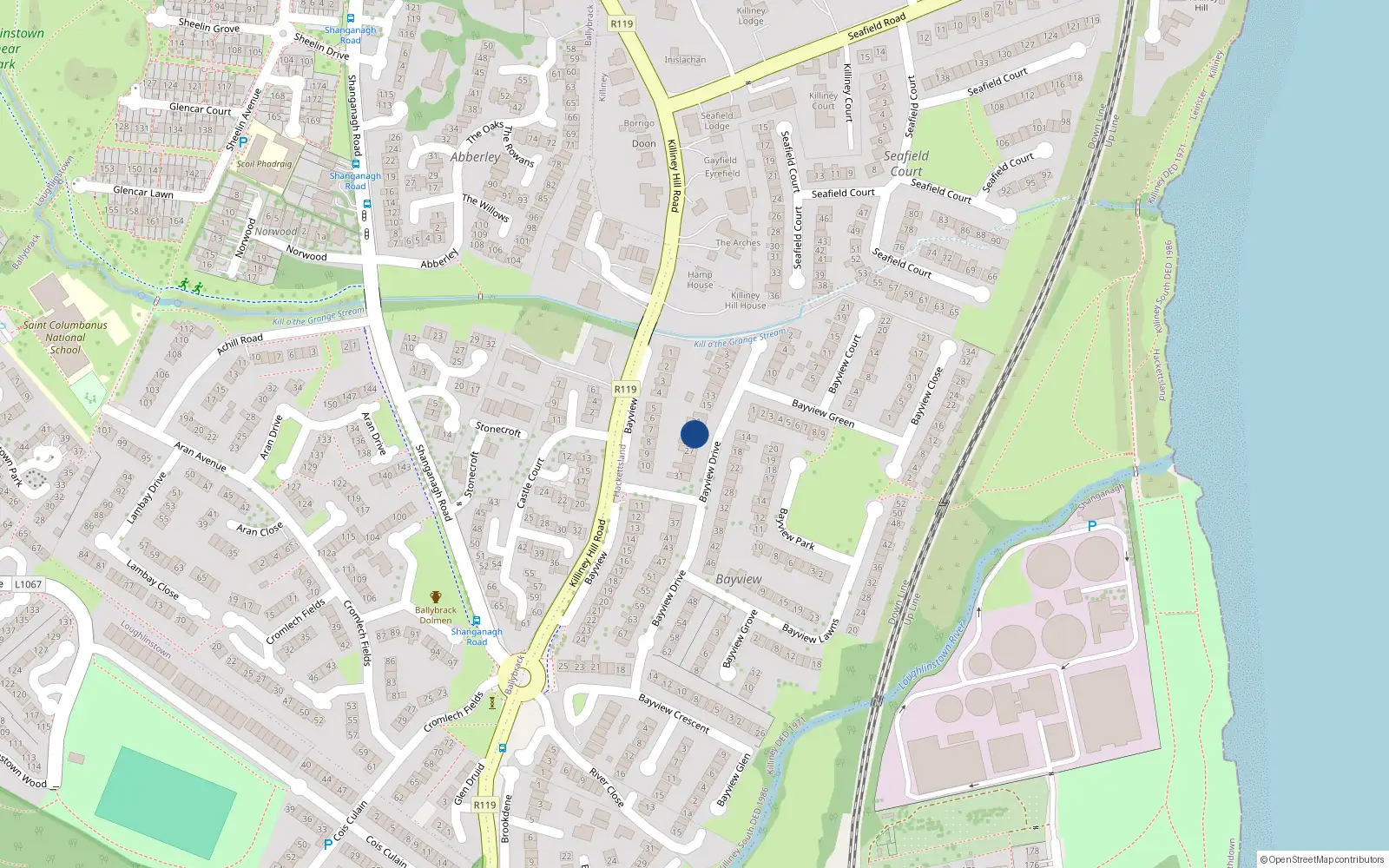 Overhead map showing the location of 23 Bayview Drive, Killiney
