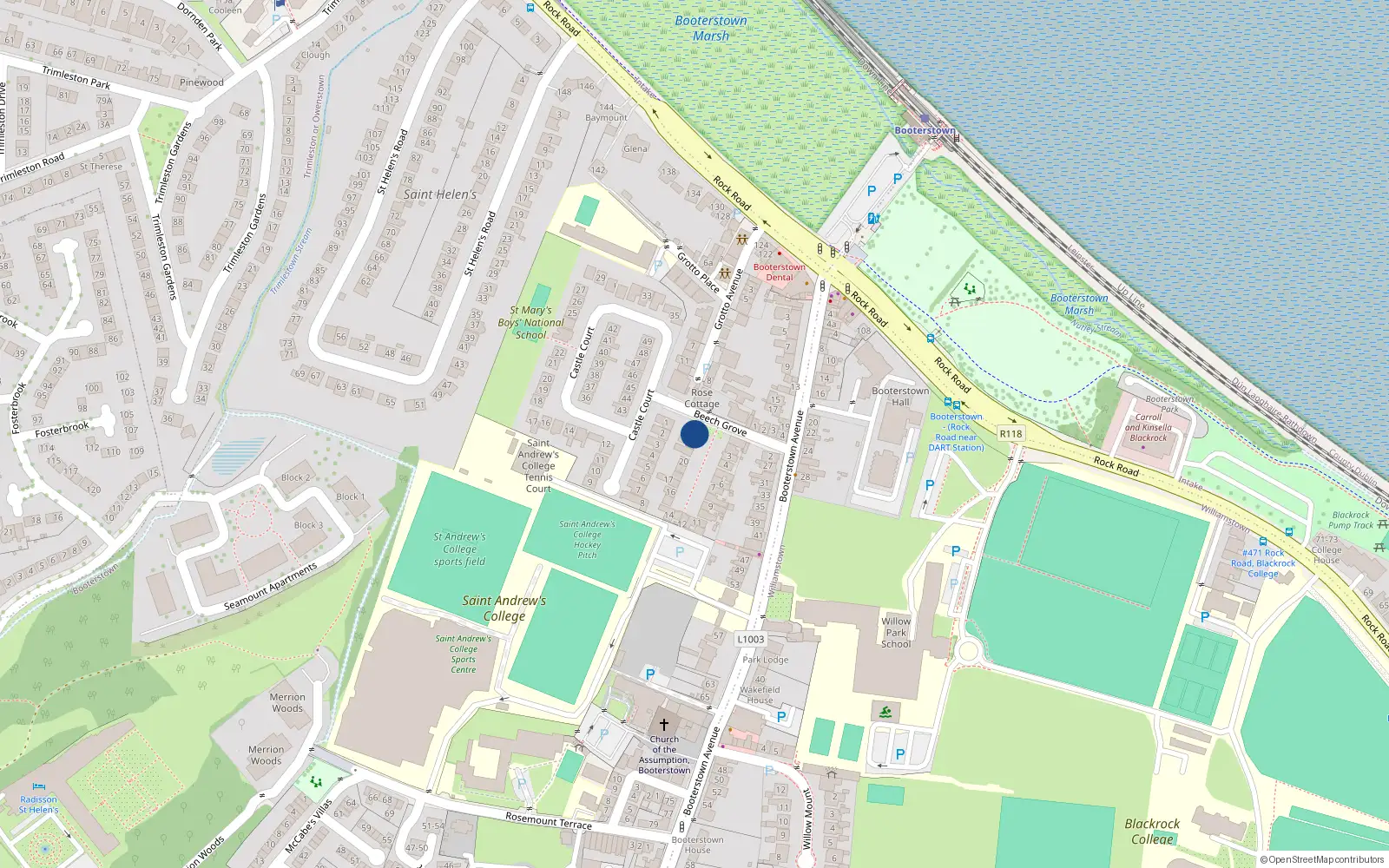 Overhead map showing the location of 23 Beech Grove, Booterstown