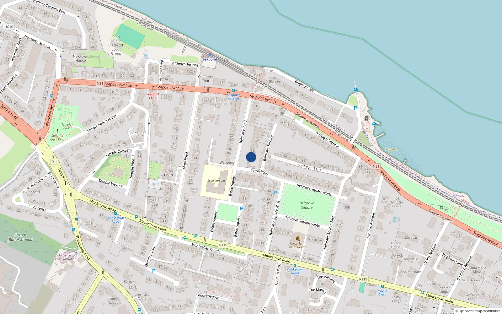 Overhead map showing the location of 23 Belgrave Road, Monkstown