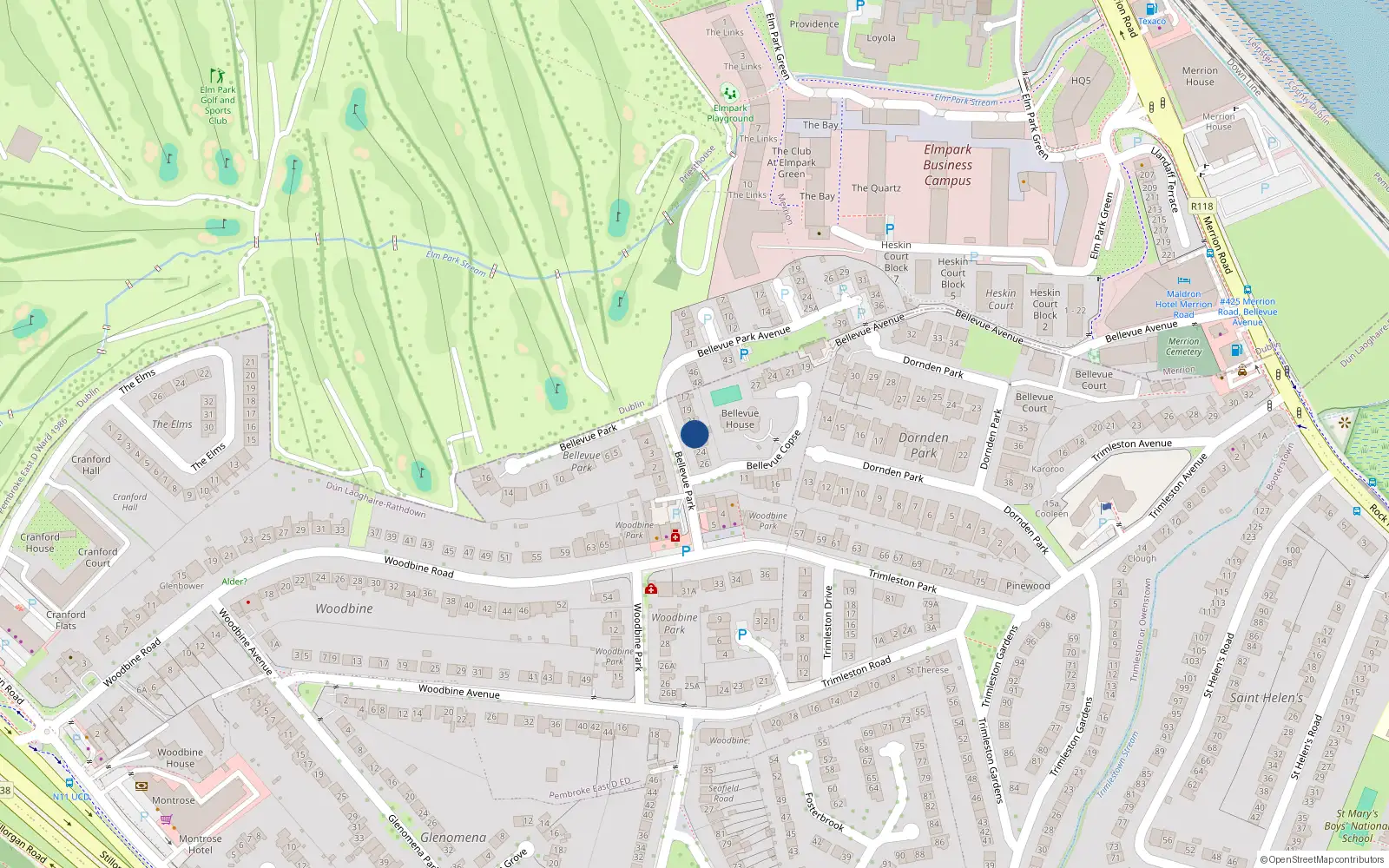 Overhead map showing the location of 23 Bellevue Park, Co