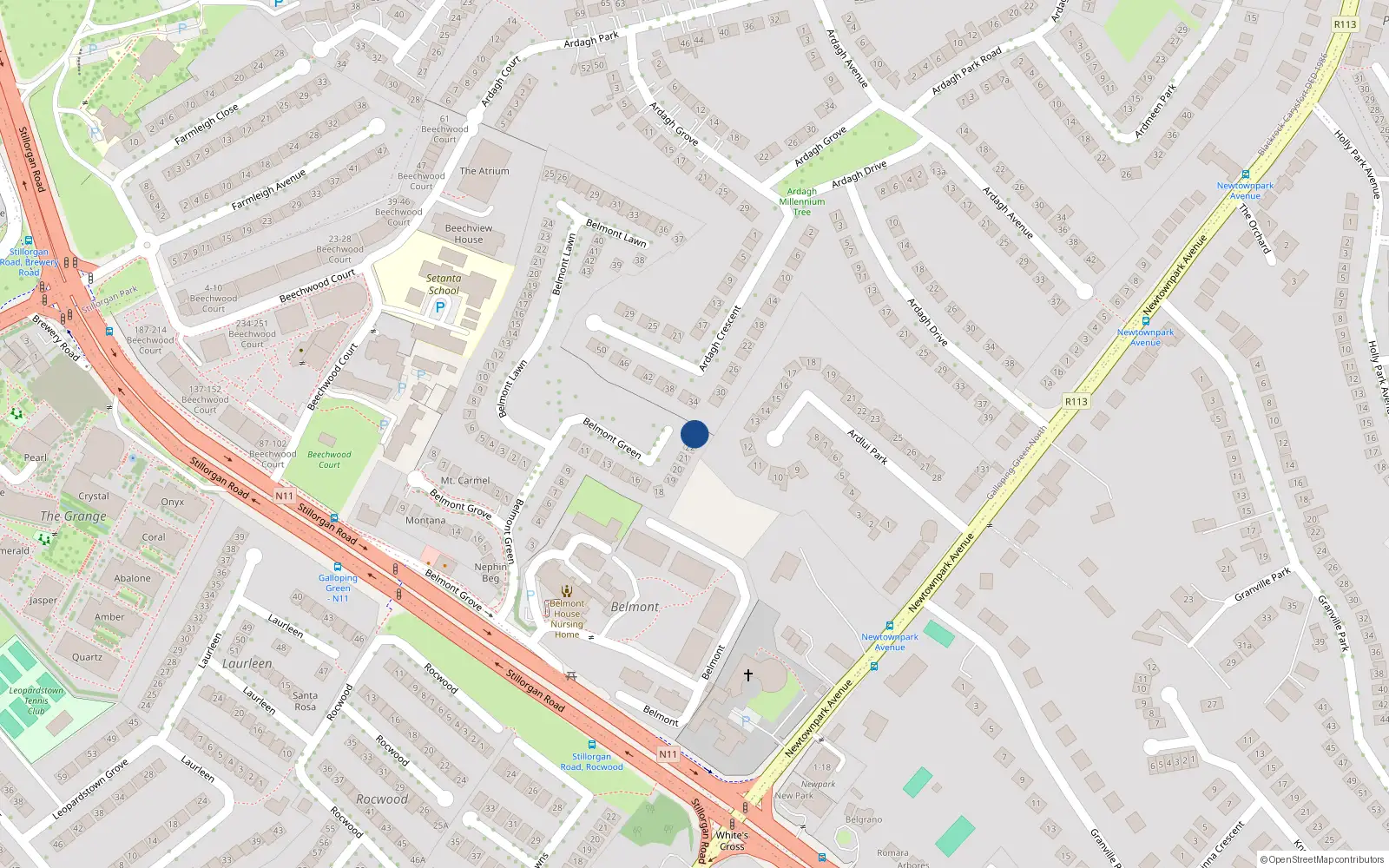 Overhead map showing the location of 23 Belmont Green, Dublin