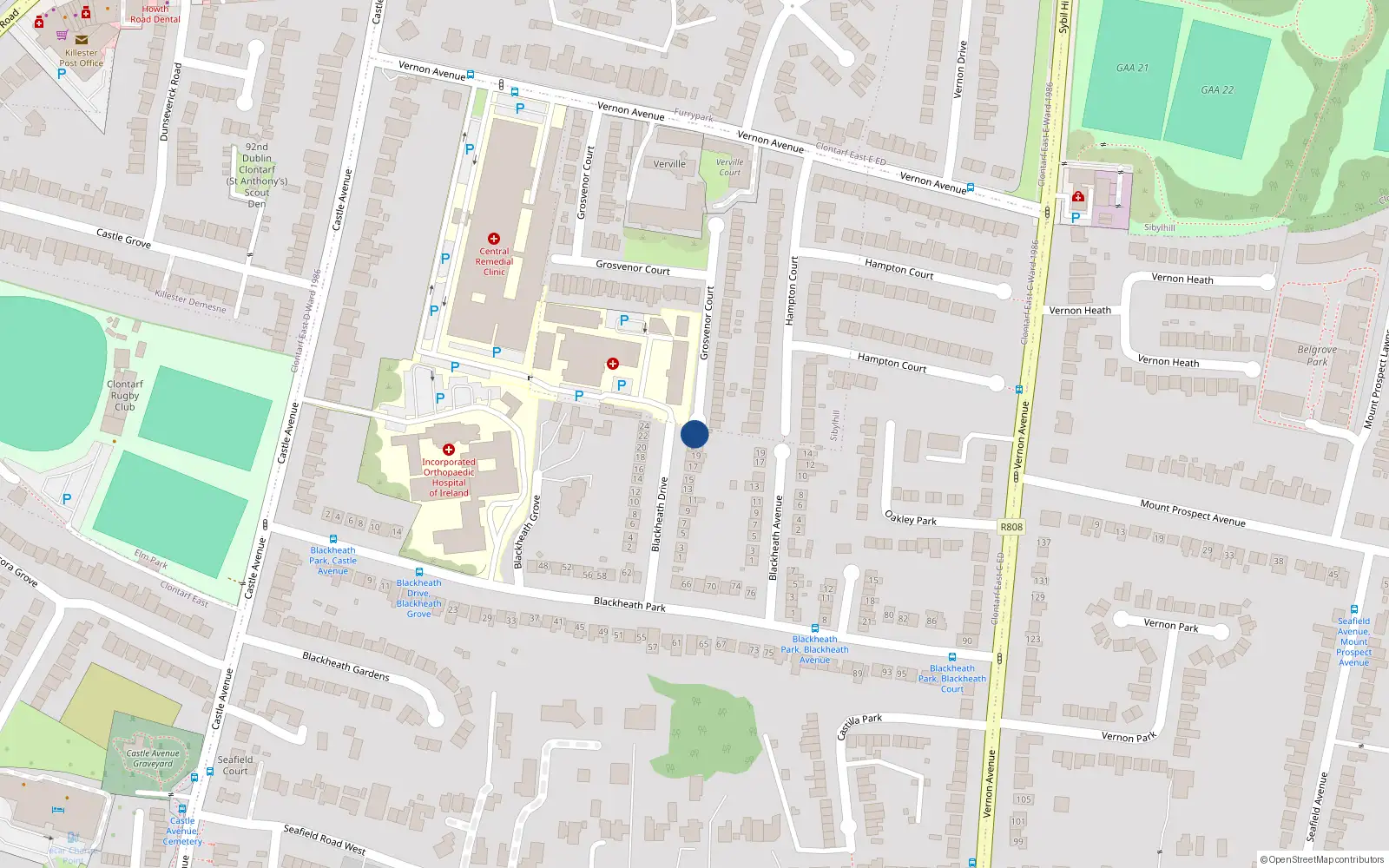 Overhead map showing the location of 23 Blackheath Drive, Clontarf, Dublin 3