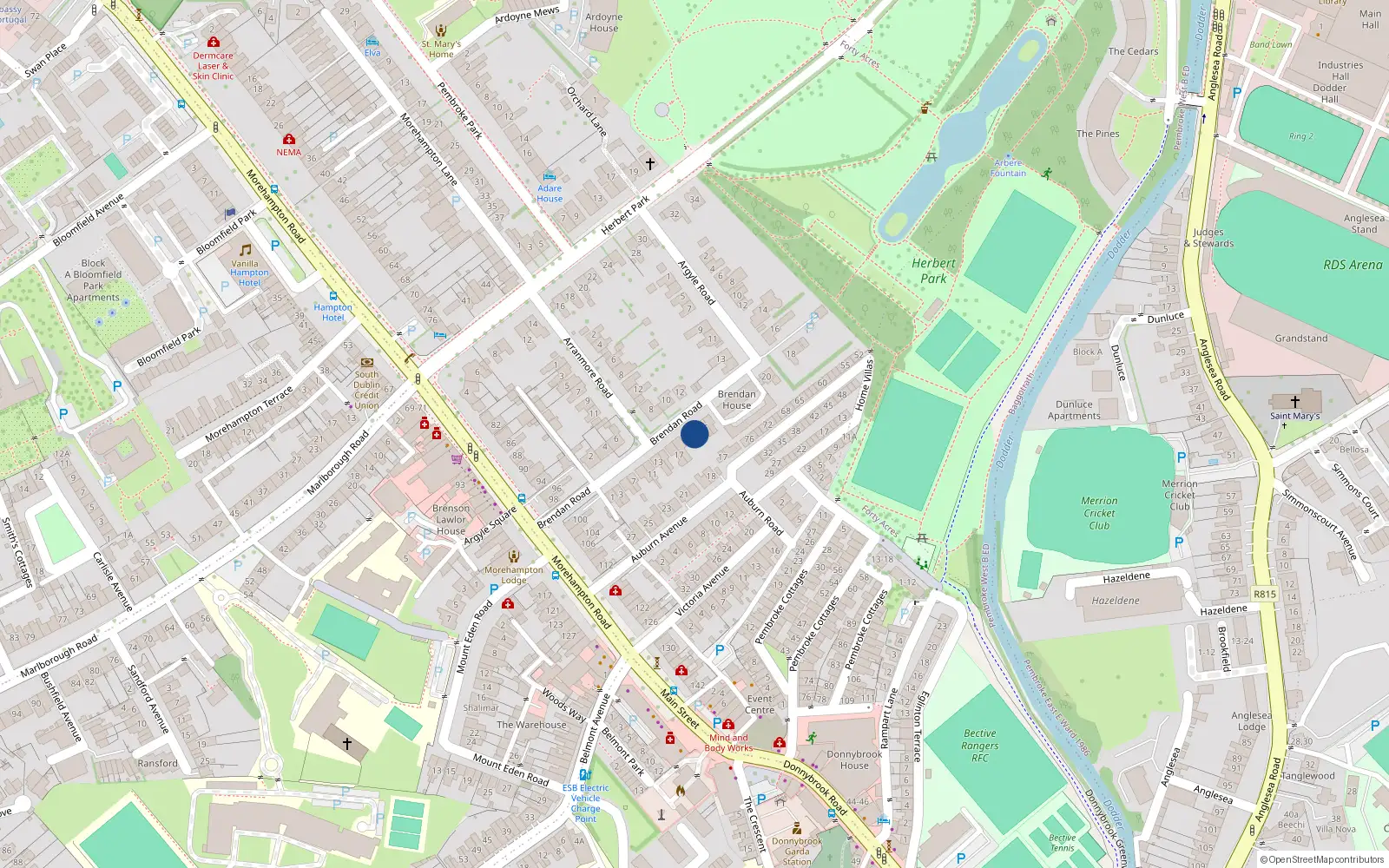 Overhead map showing the location of 23 Brendan Road, Dublin 4