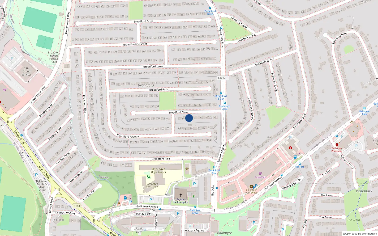 Overhead map showing the location of 23 Broadford Close, Dublin 16