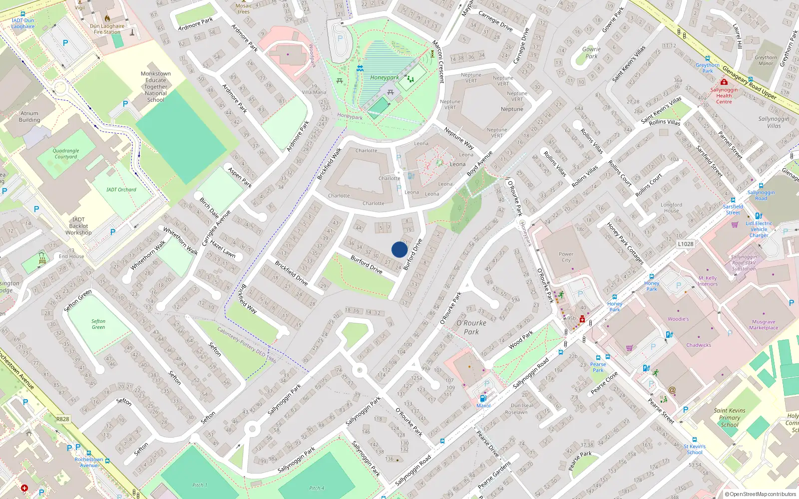 Overhead map showing the location of 23 Burford Drive, Dun Laoghaire