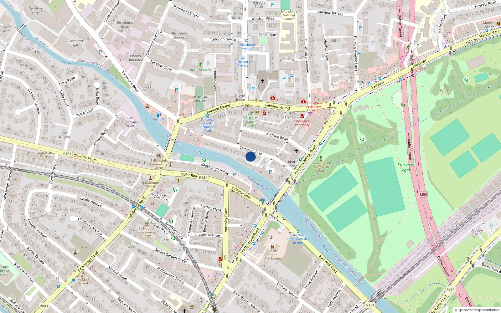 Overhead map showing the location of 23 Cadogan Road, Fairview, Dublin 3