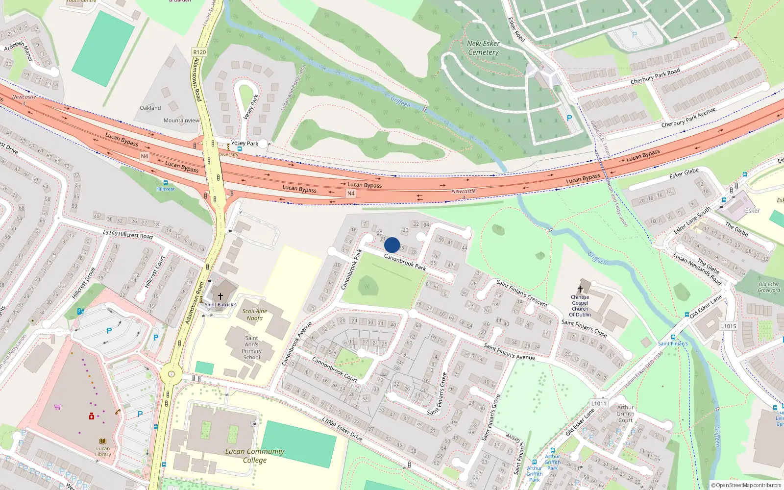 Overhead map showing the location of 23 Canonbrook Park, Lucan, Dublin