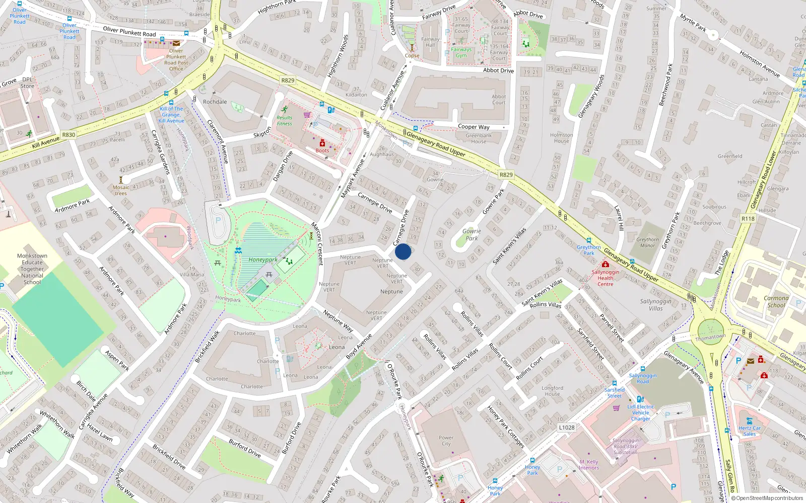 Overhead map showing the location of 23 Carnegie Drive, Dun Laoghaire