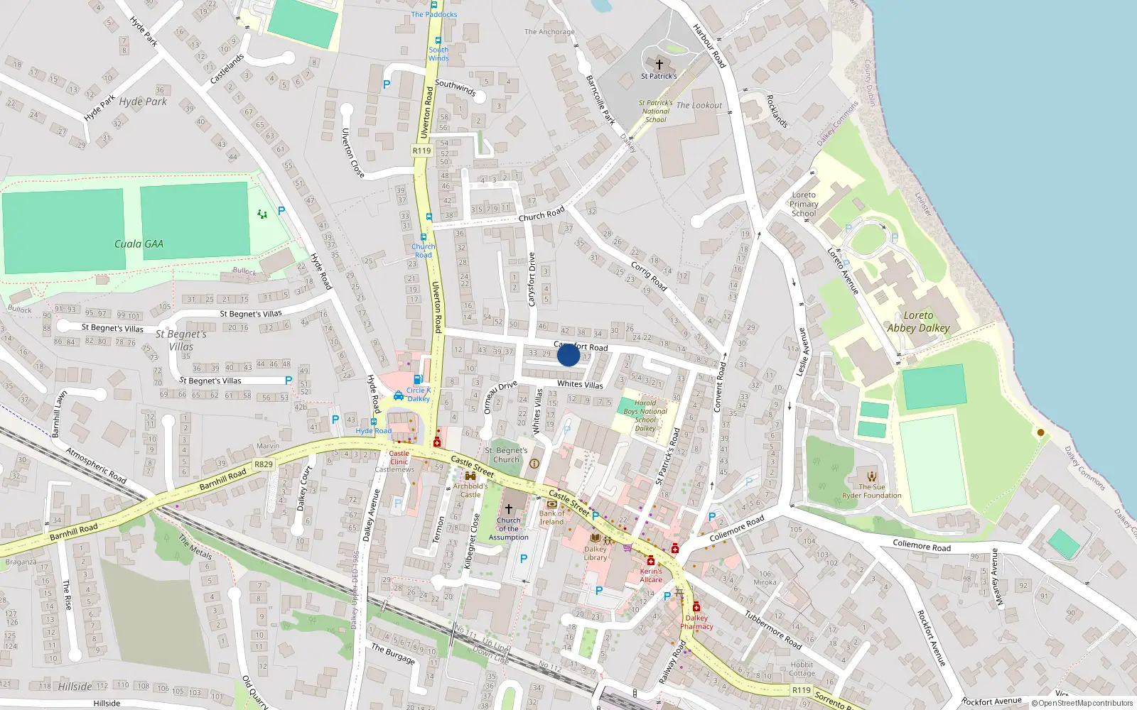 Overhead map showing the location of 23 Carysfort Road, Dalkey, Dublin