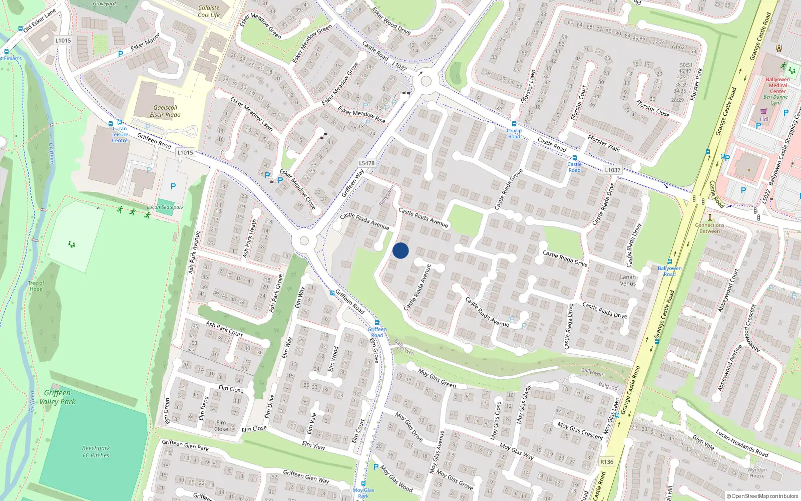 Overhead map showing the location of 23 Castle Riada Avenue, Lucan