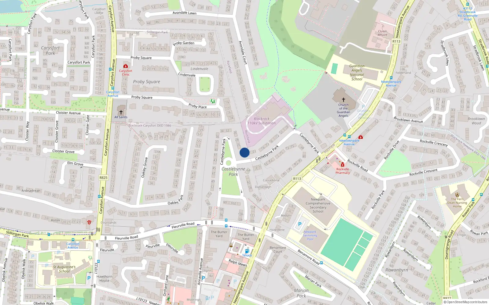 Overhead map showing the location of 23 Castlebyrne Park, Blackrock