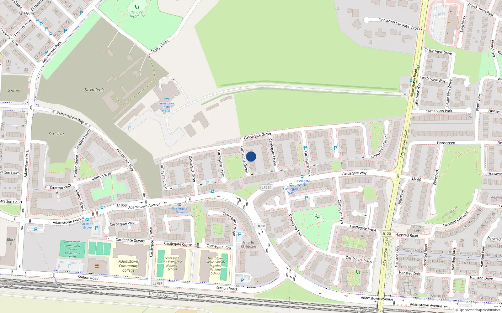 Overhead map showing the location of 23 Castlegate Green, Adamstown, Lucan