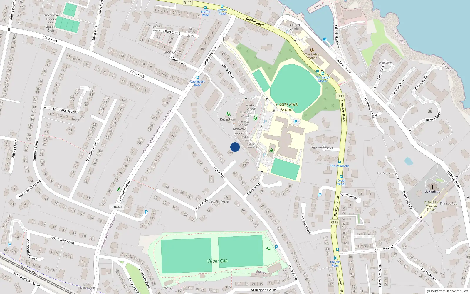 Overhead map showing the location of 23 Castlelands, Hyde Road, Dalkey