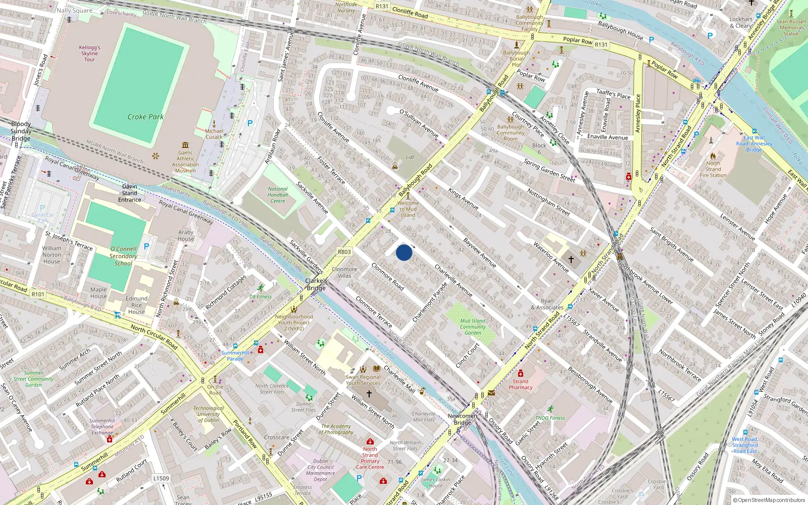 Overhead map showing the location of 23 Charleville Avenue, North Strand, Dublin 3, D03