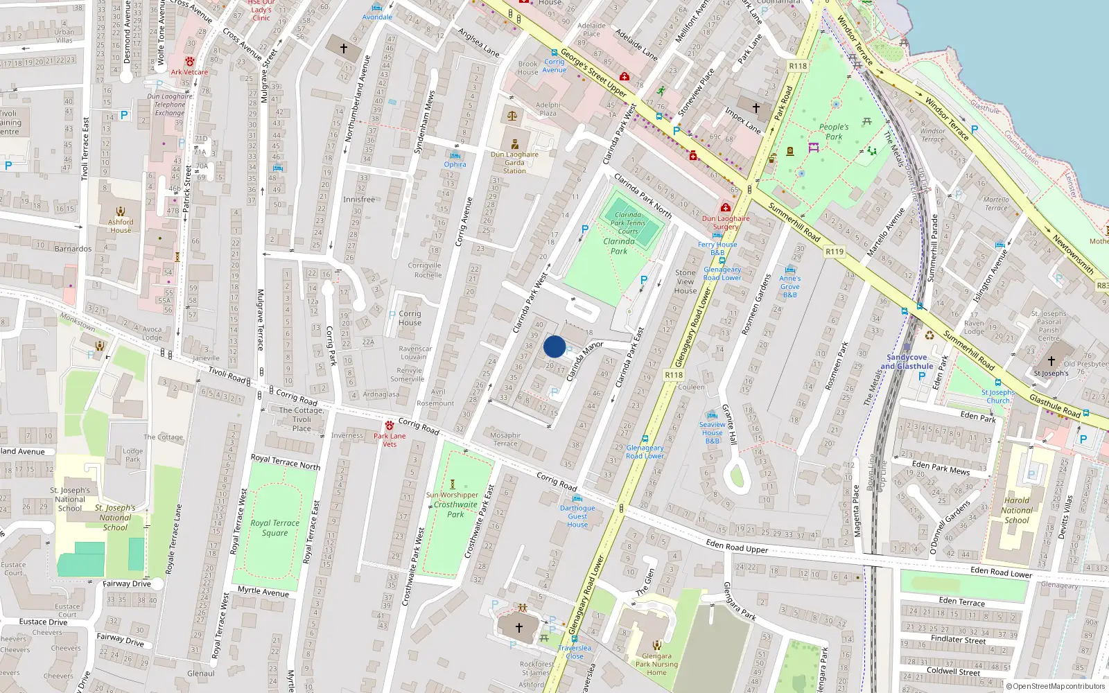 Overhead map showing the location of 23 Clarinda Manor, Dun Laoghaire, Dublin