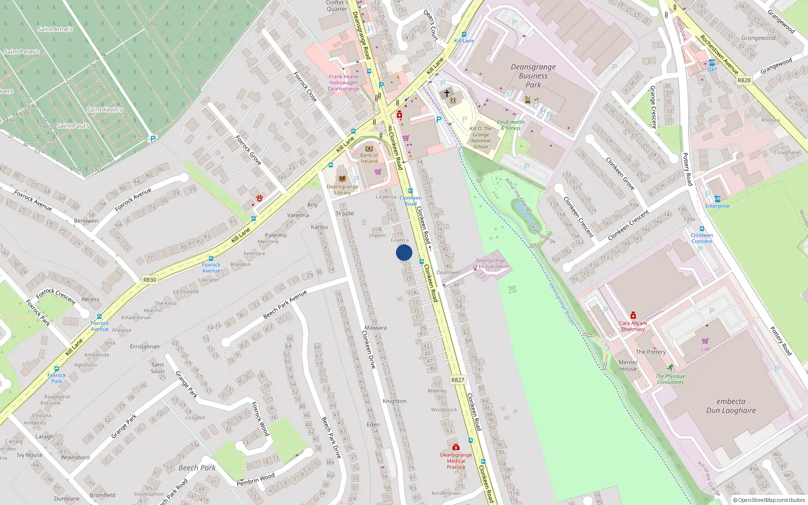 Overhead map showing the location of 23 Clonkeen Road, Blackrock