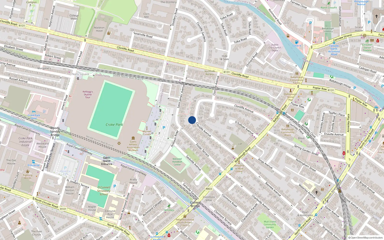 Overhead map showing the location of 23 Clonliffe Avenue, Dublin 3