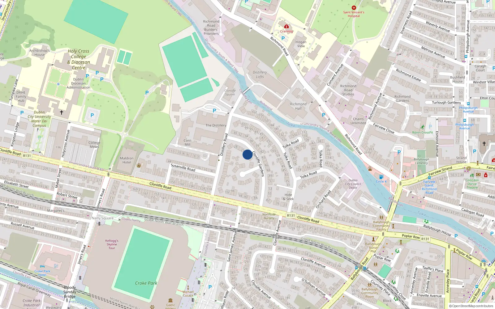 Overhead map showing the location of 23 Clonliffe Gardens, Clonliffe Road, Drumcondra Dublin 3