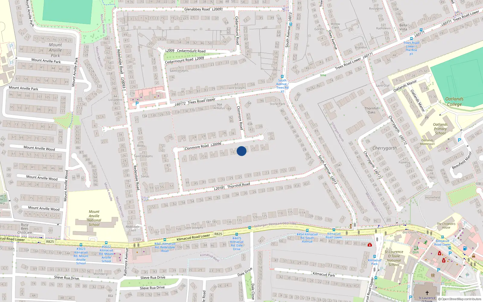 Overhead map showing the location of 23 Clonmore Road, Blackrock
