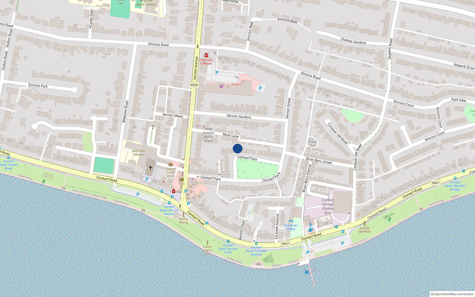 Overhead map showing the location of 23 Clontarf Park, Dublin 3