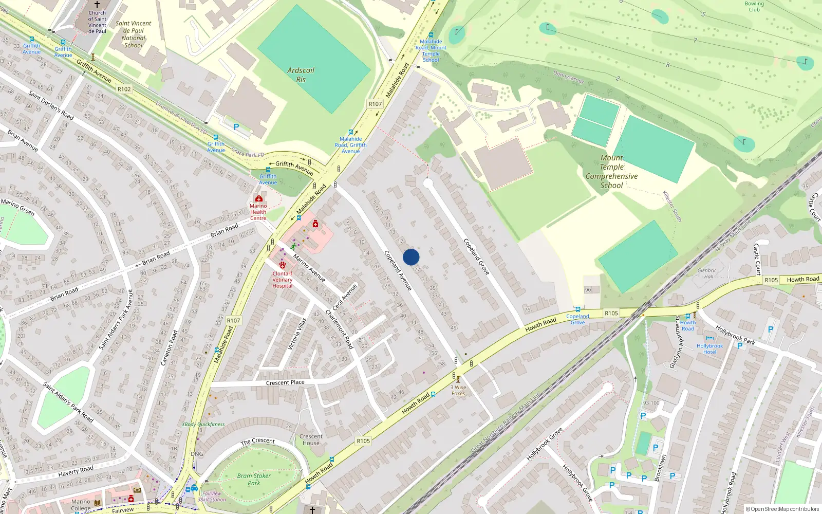 Overhead map showing the location of 23 Copeland Avenue, Dublin 3