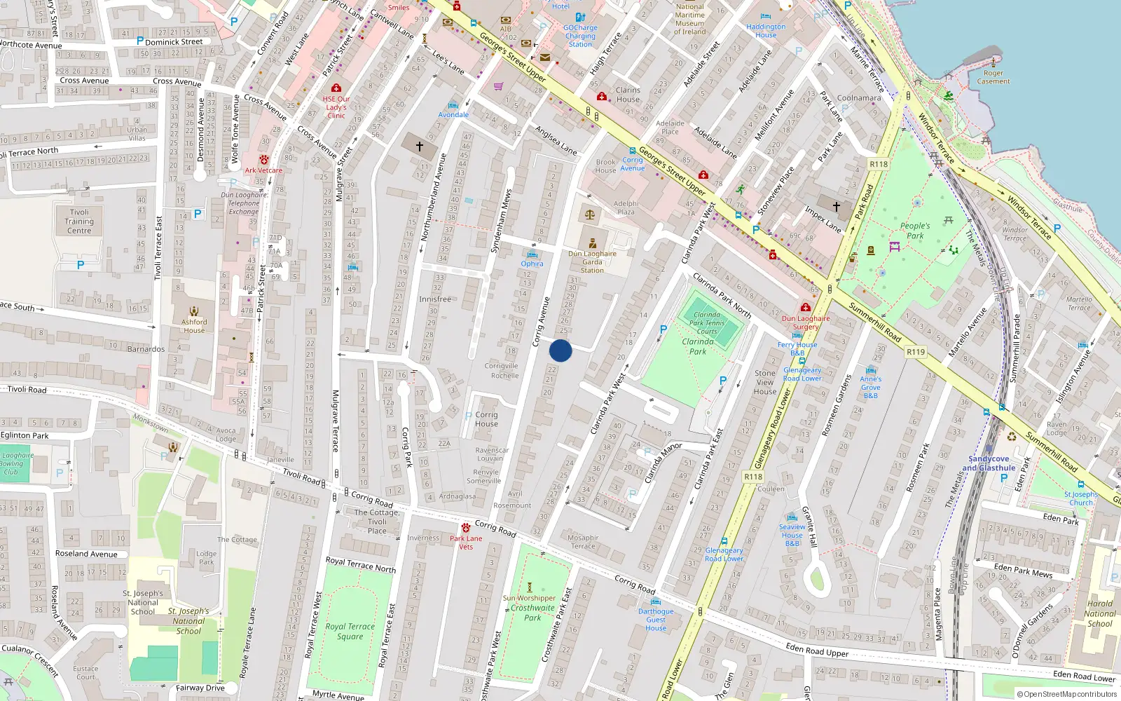 Overhead map showing the location of 23 Corrig Avenue, Dublin