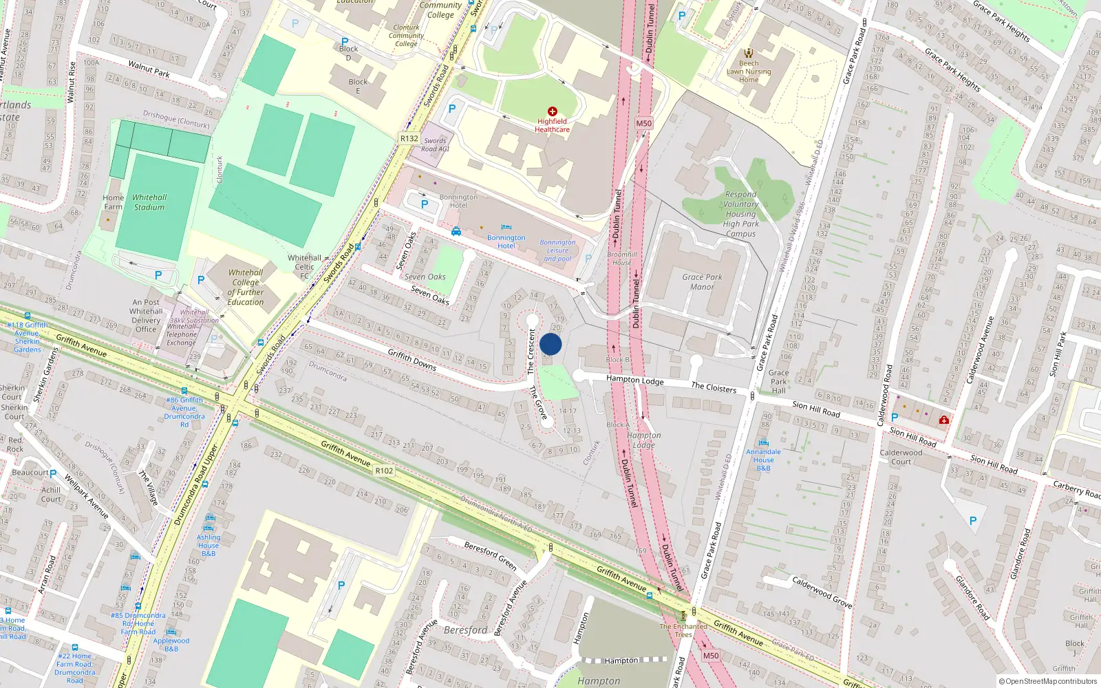 Overhead map showing the location of 23 Crescent House, Marino