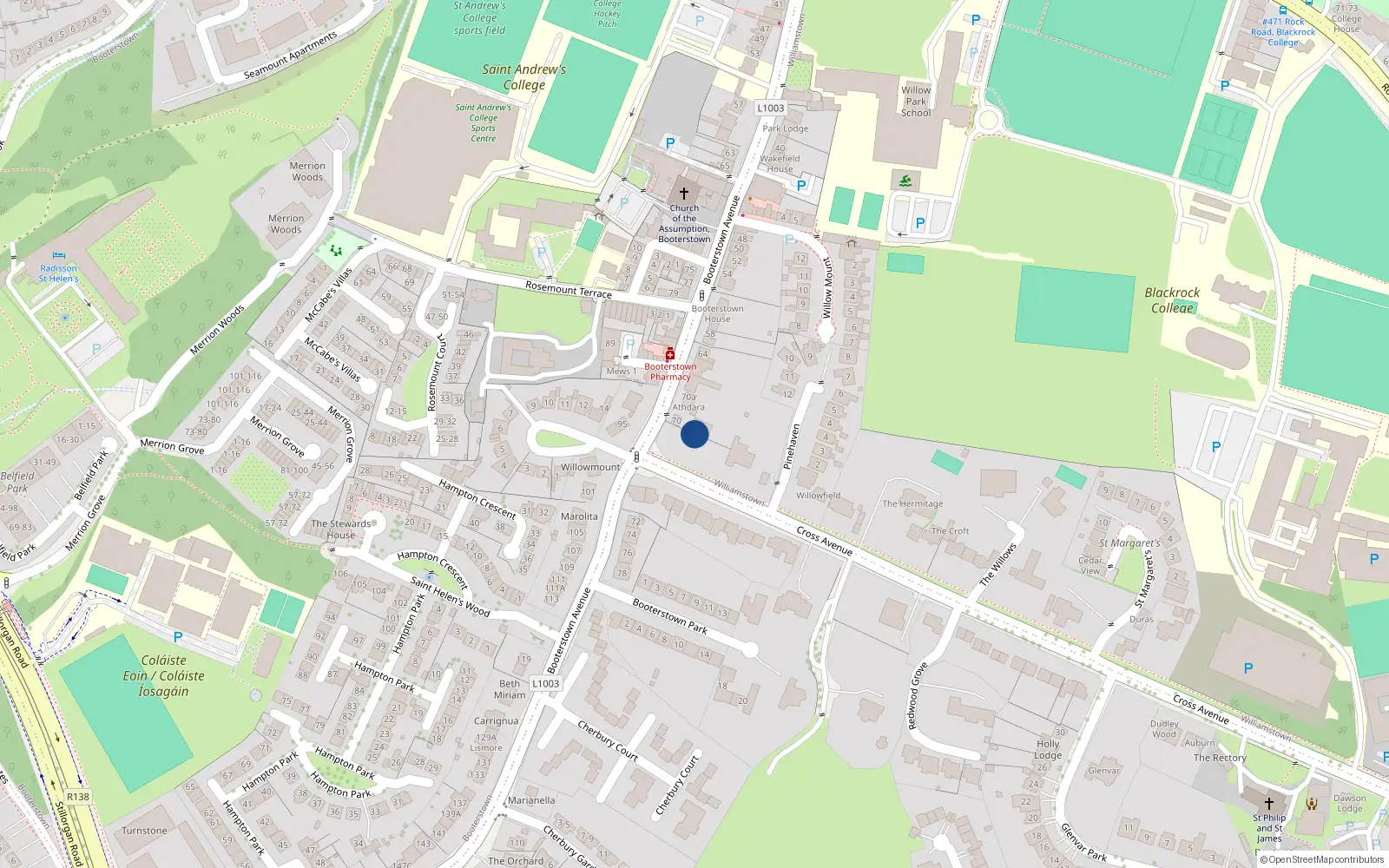 Overhead map showing the location of 23 Cross Avenue, Blackrock, Co Dublin