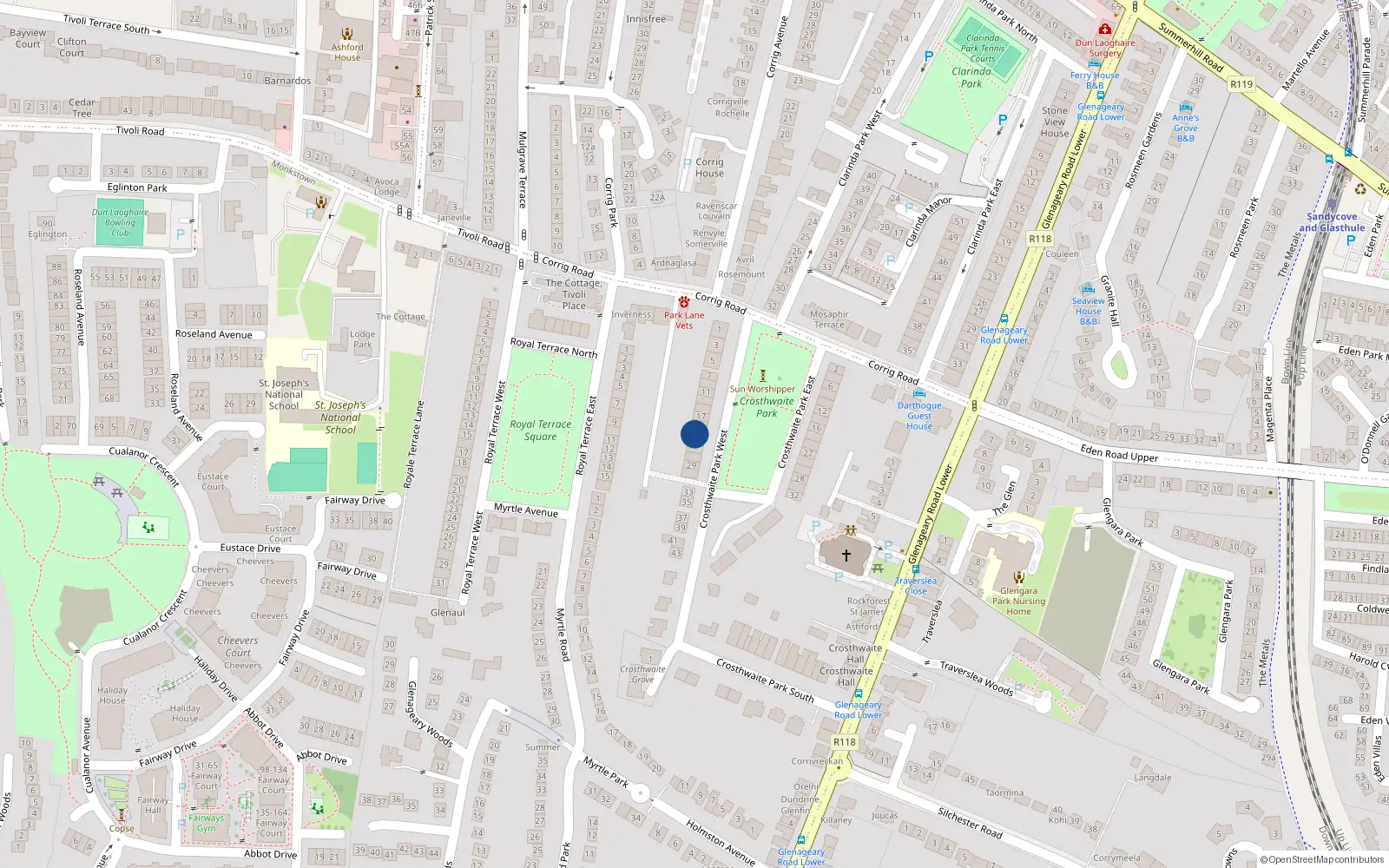 Overhead map showing the location of 23 Crosthwaite Park West, Dublin