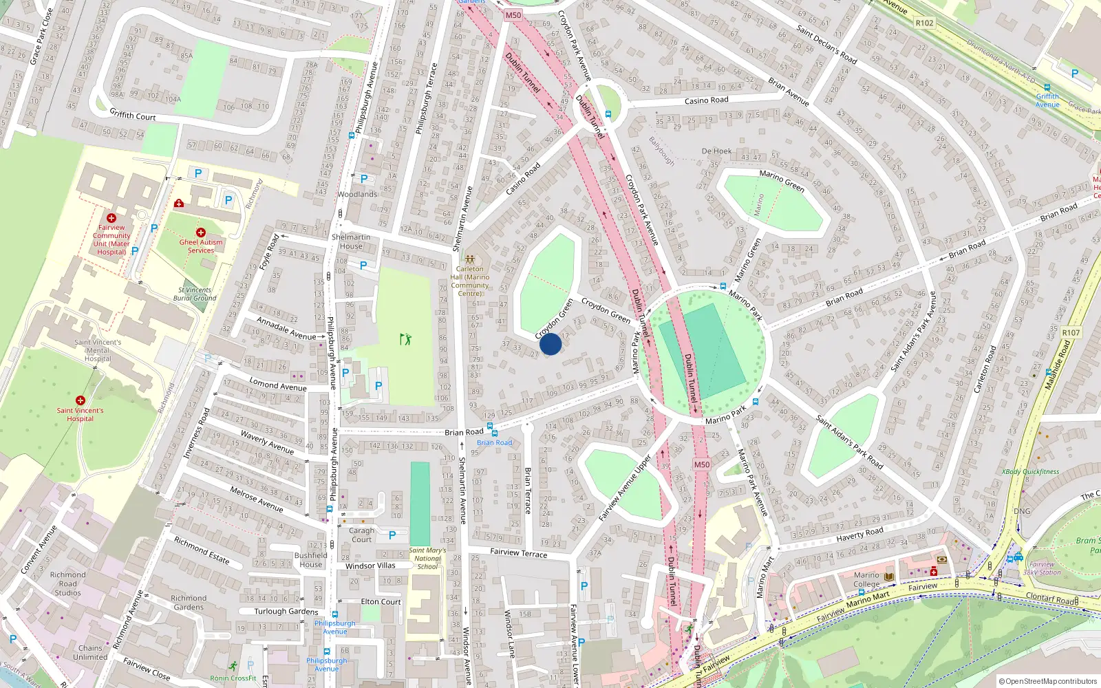 Overhead map showing the location of 23 Croyden Green, Marino, Dublin 3