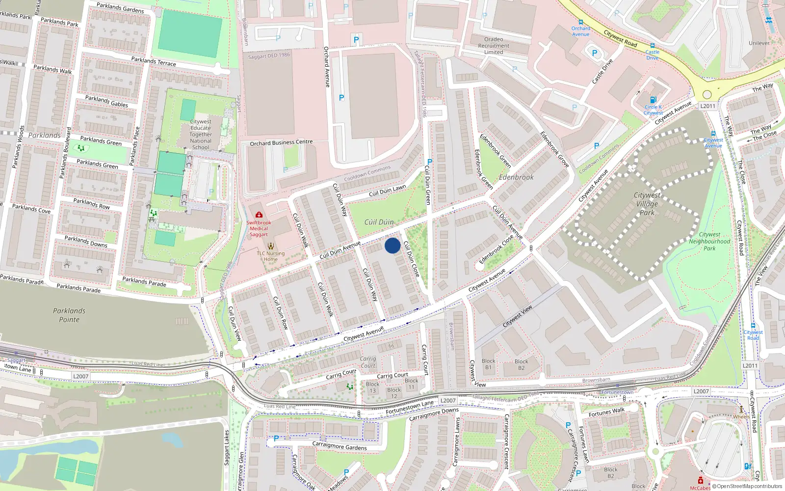 Overhead map showing the location of 23 Cuil Duin Close, Fortunestown