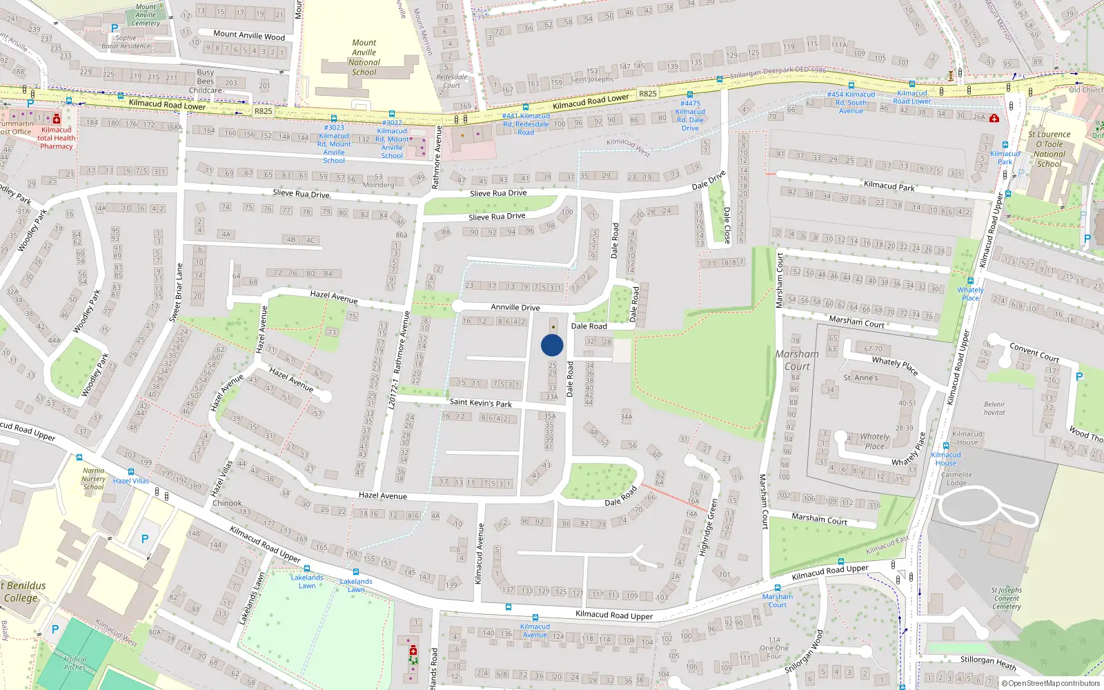 Overhead map showing the location of 23 Dale Road, Dublin