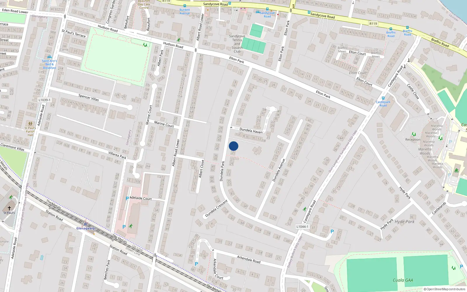 Overhead map showing the location of 23 Dundela Park, Sandycove, Dublin