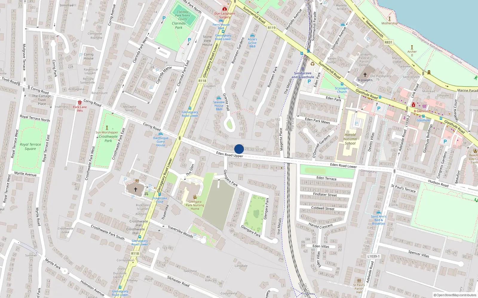 Overhead map showing the location of 23 Eden Road Upper, Dun Laoghaire, Dublin