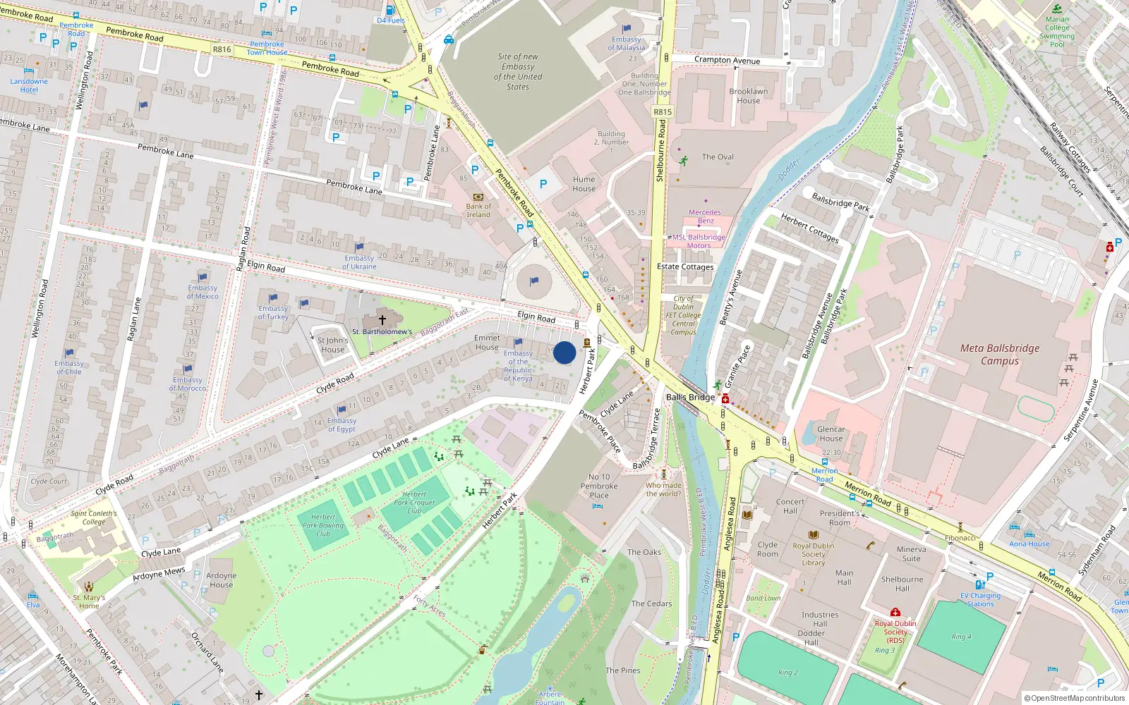 Overhead map showing the location of 23 Elgin Road, Dublin 4