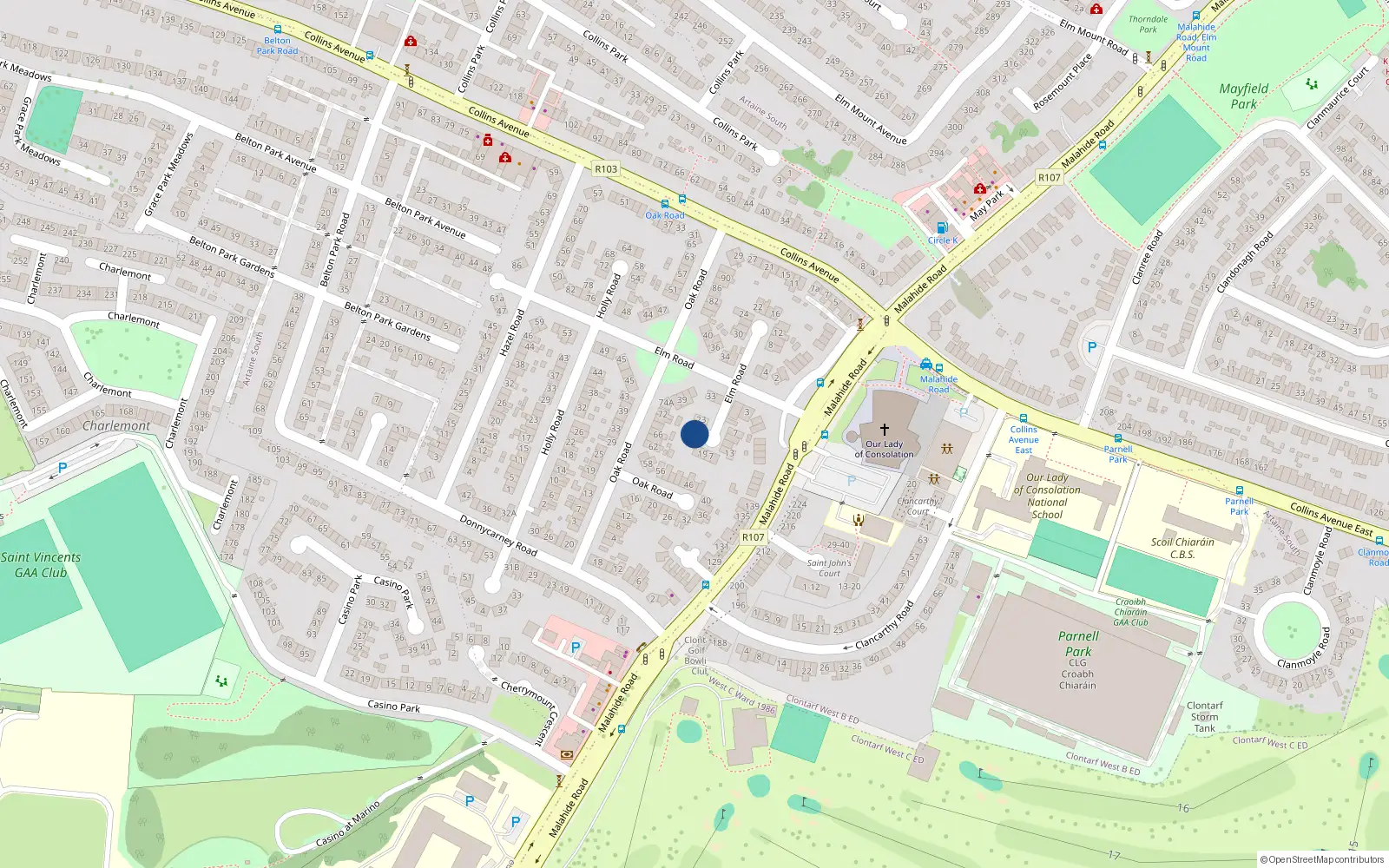 Overhead map showing the location of 23 Elm Road, Dublin 9