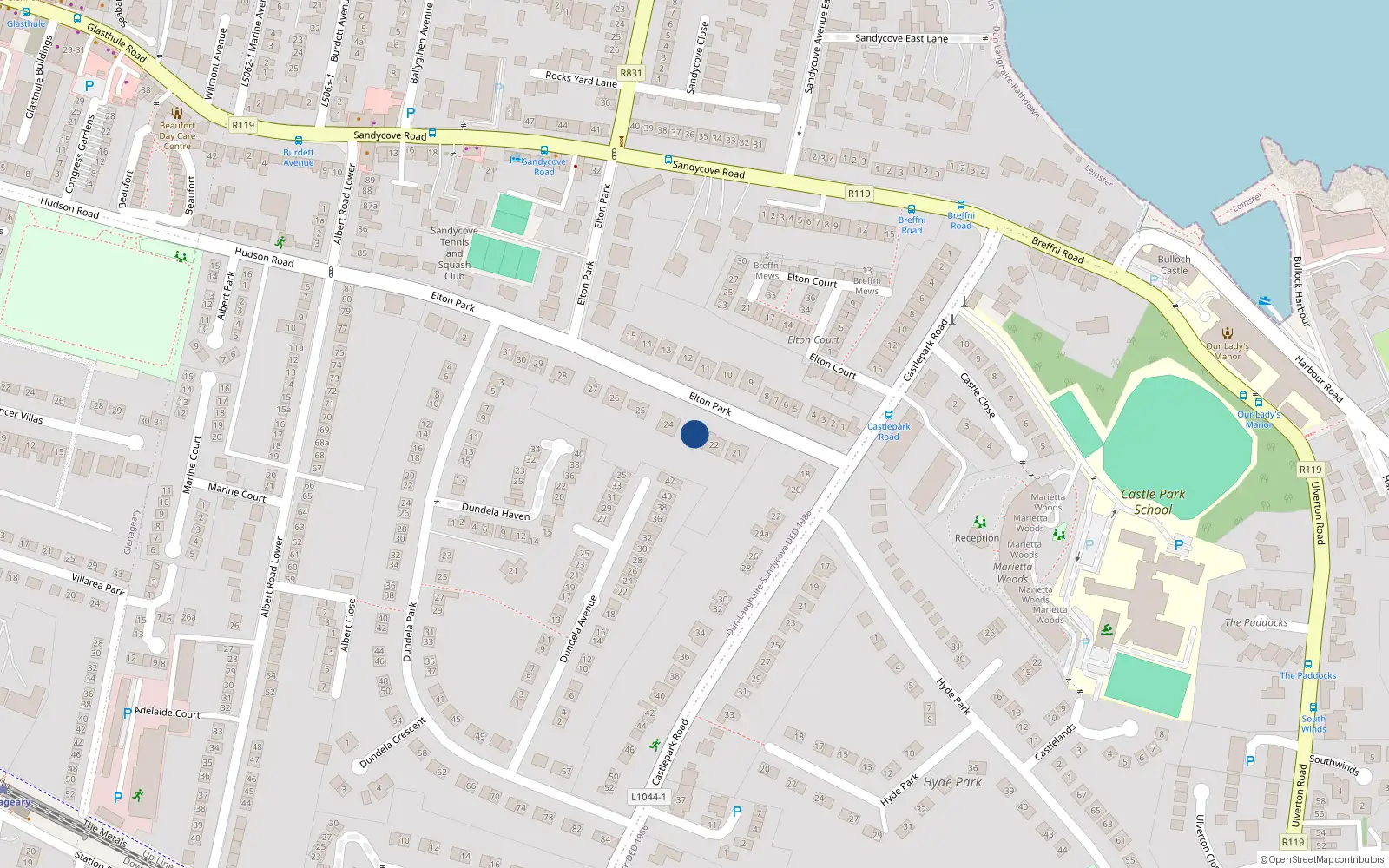 Overhead map showing the location of 23 Elton Park, Dublin